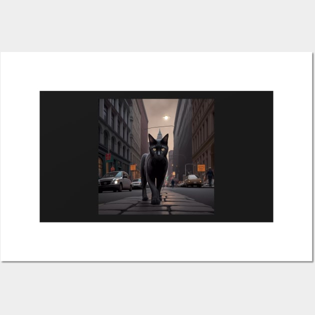 Digital art, Black Cat walking down a street in the city Sticker Wall Art by MeatLuvers